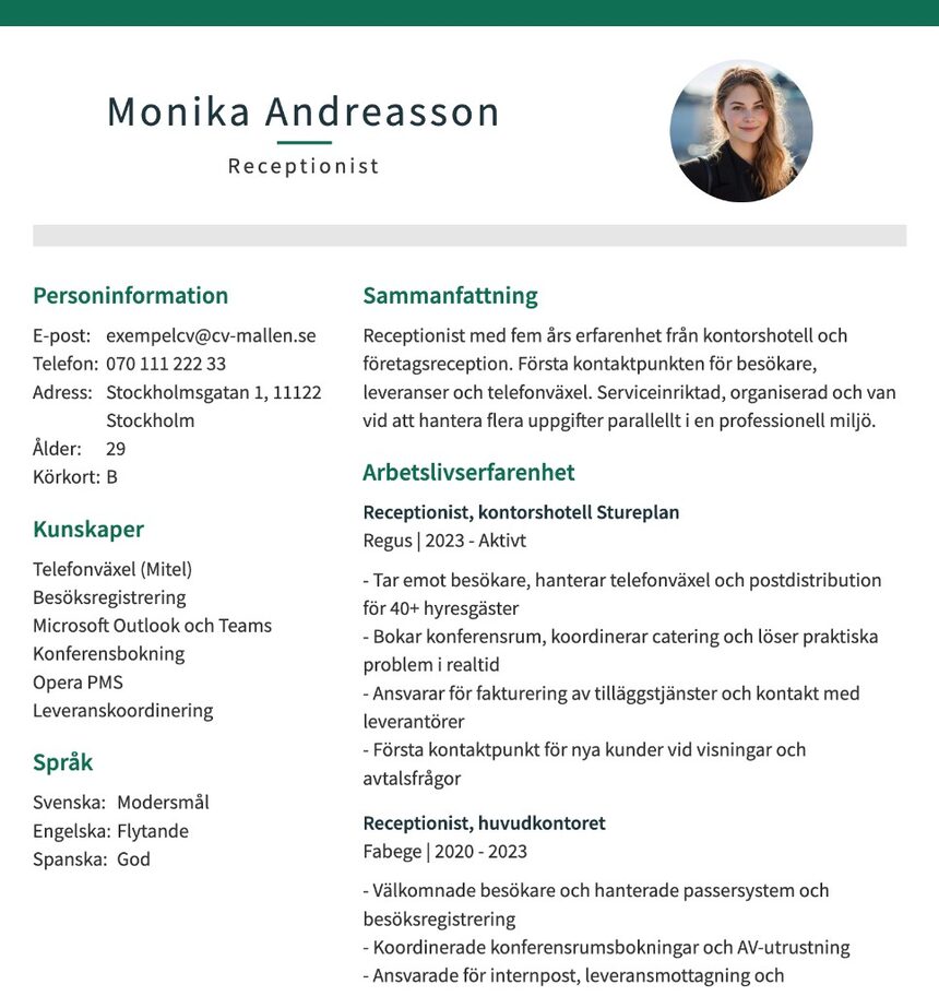 Exempel på CV skapat i CV-mallen