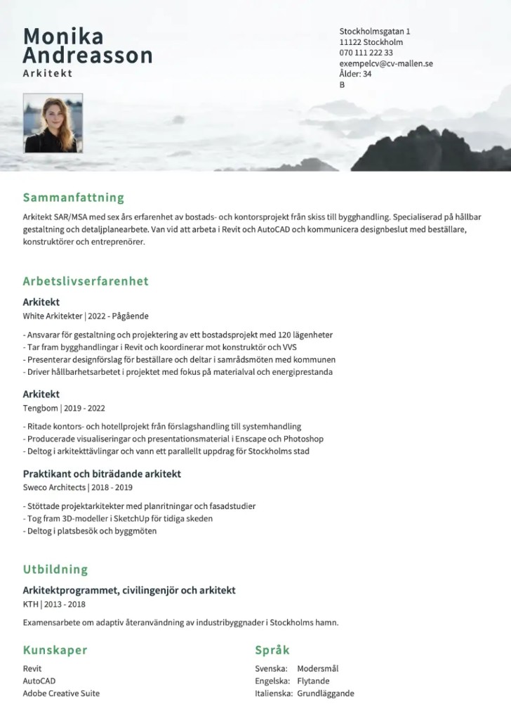 CV template London – Modern single-column layout with image header