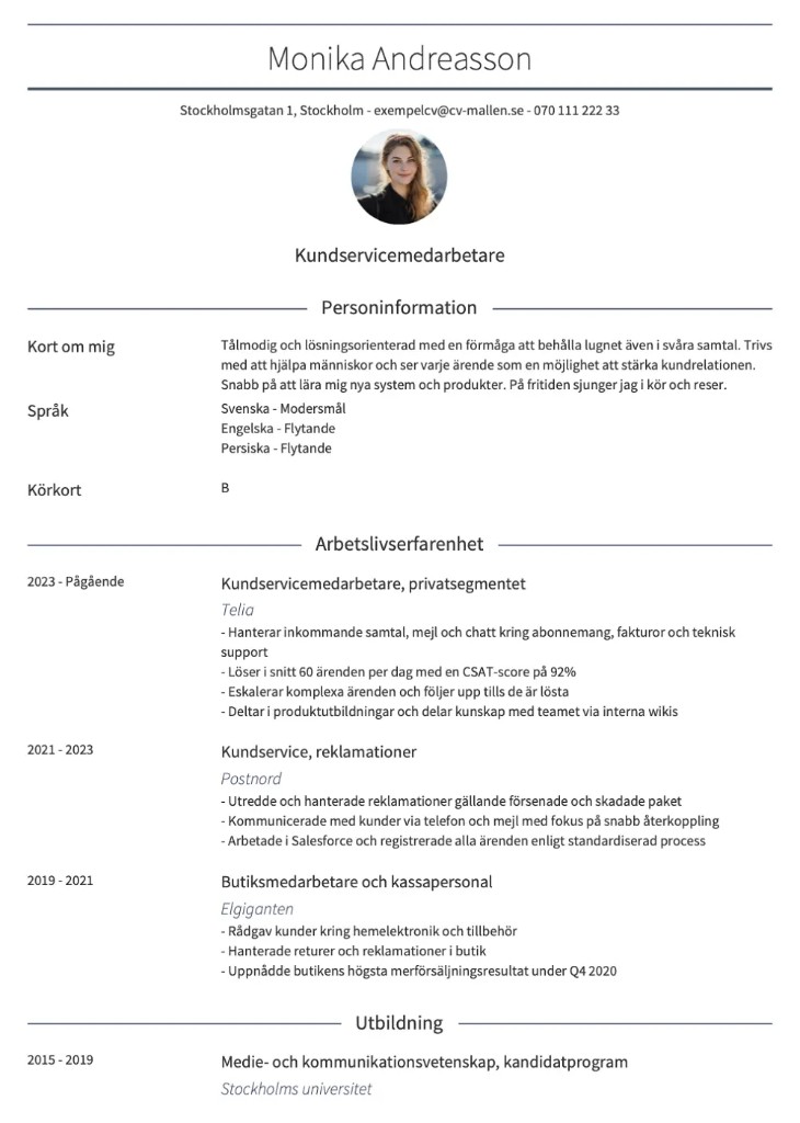 CV-mall Amsterdam – Centrerad minimalistisk layout med tydliga sektionsavdelare