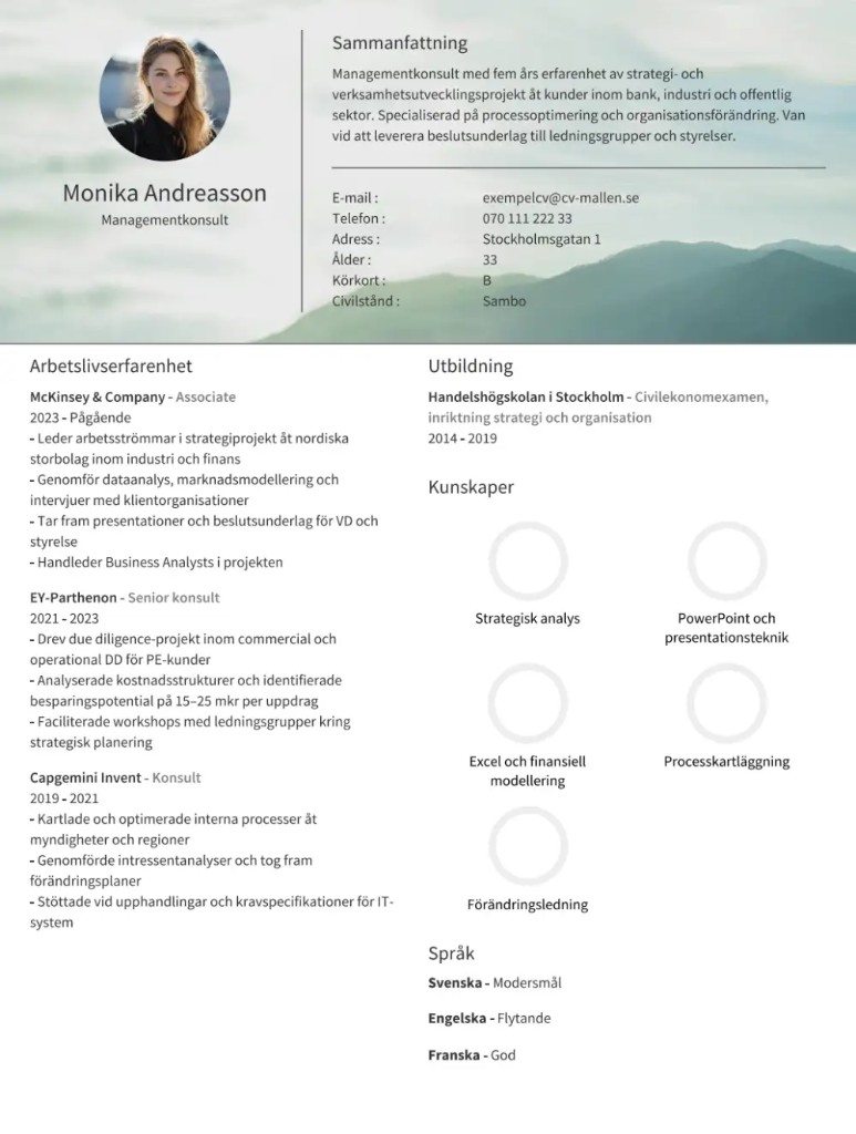 CV-mall Madrid – Layout med två kolumner och scenisk rubrikbild