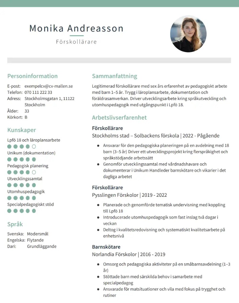 CV-mall Aten – Tvåkolumnslayout med cirkulära färdighetsbetyg