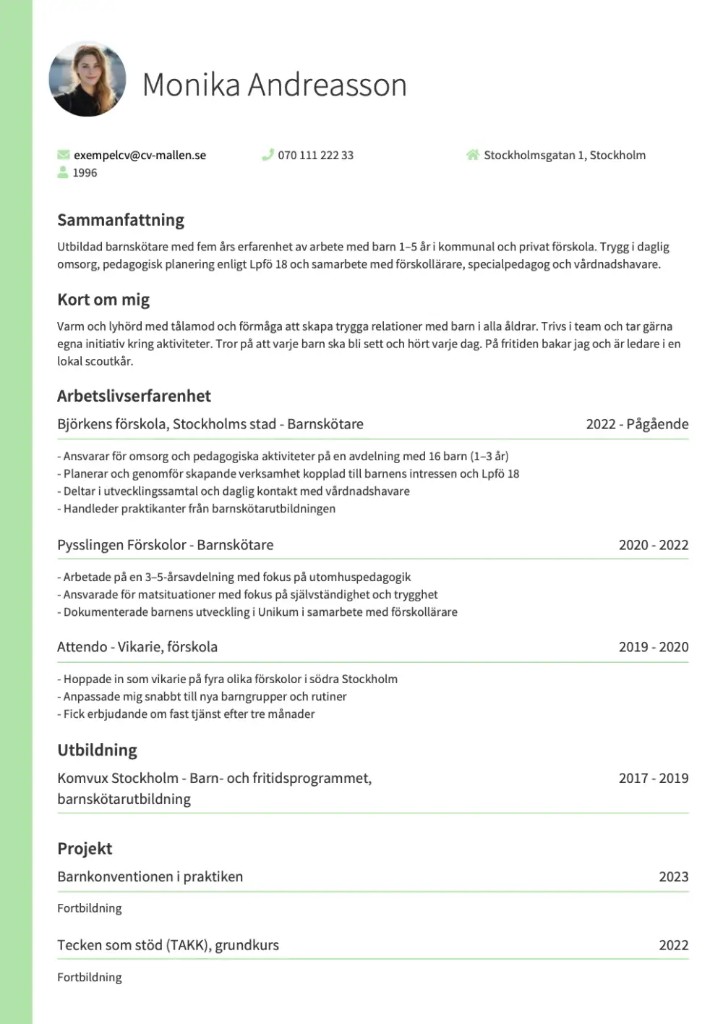 CV-mall Prag – Minimalistisk layout med en kolumn och accentkant