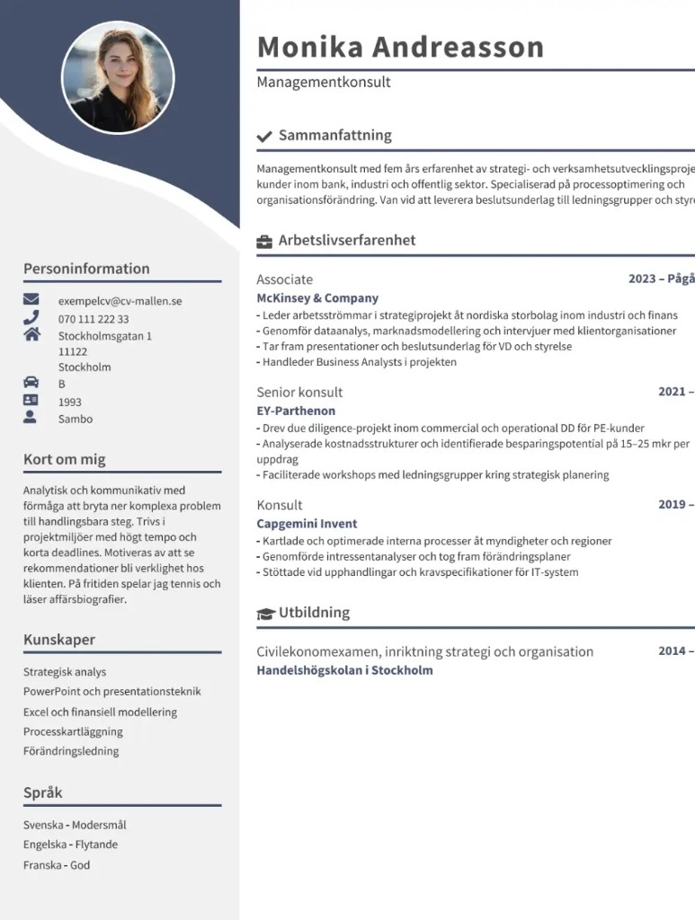 CV-mall Köpenhamn – Layout med två kolumner och sidofält