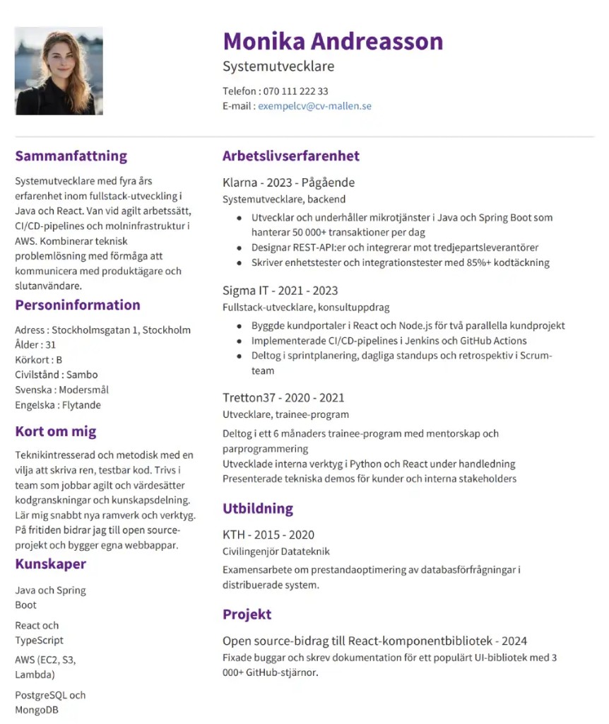 CV-mall Tokyo – Tvåkolumnslayout med sidofält för färdigheter