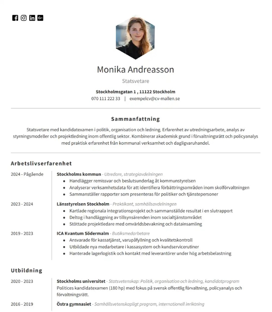 CV-mall Stockholm – Ren svartvit layout med en kolumn