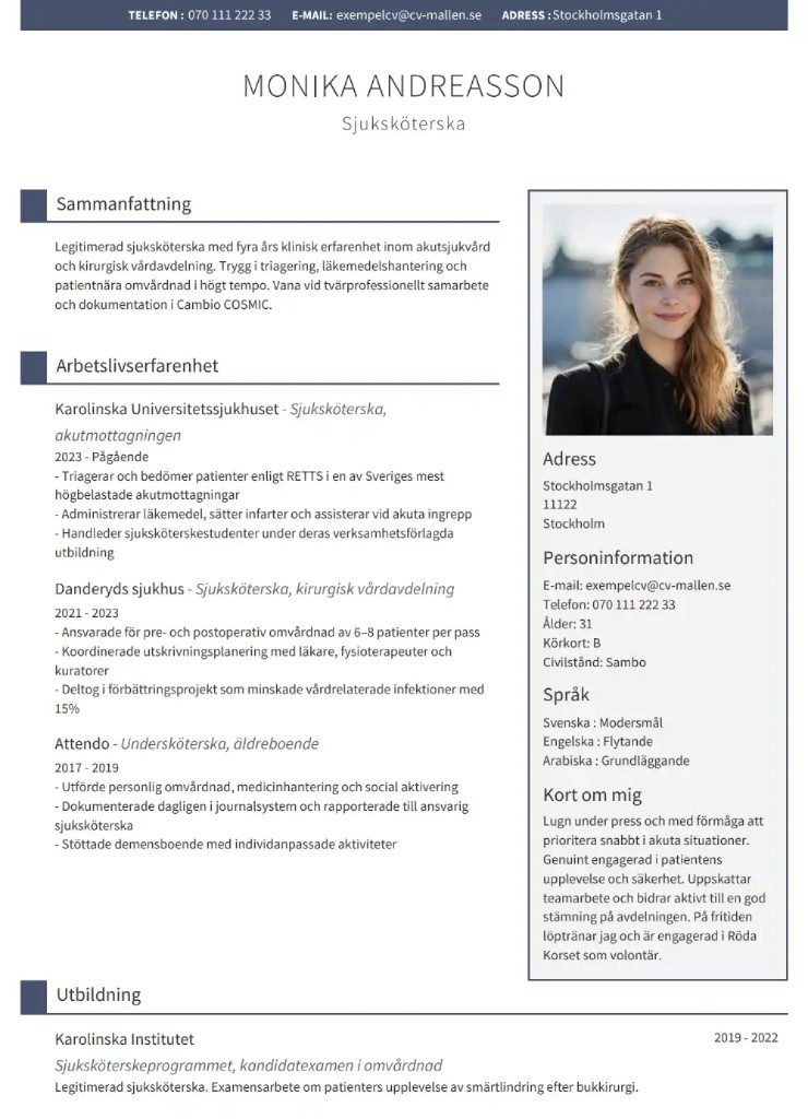 CV-mall Wellington – Layout med två kolumner och sidofält för foton