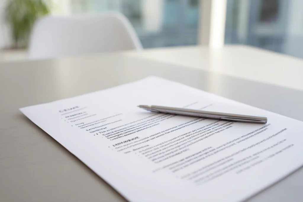 Enkel CV-mall med ren layout, tydlig typsnittshierarki och generöst whitespace på ett skrivbord