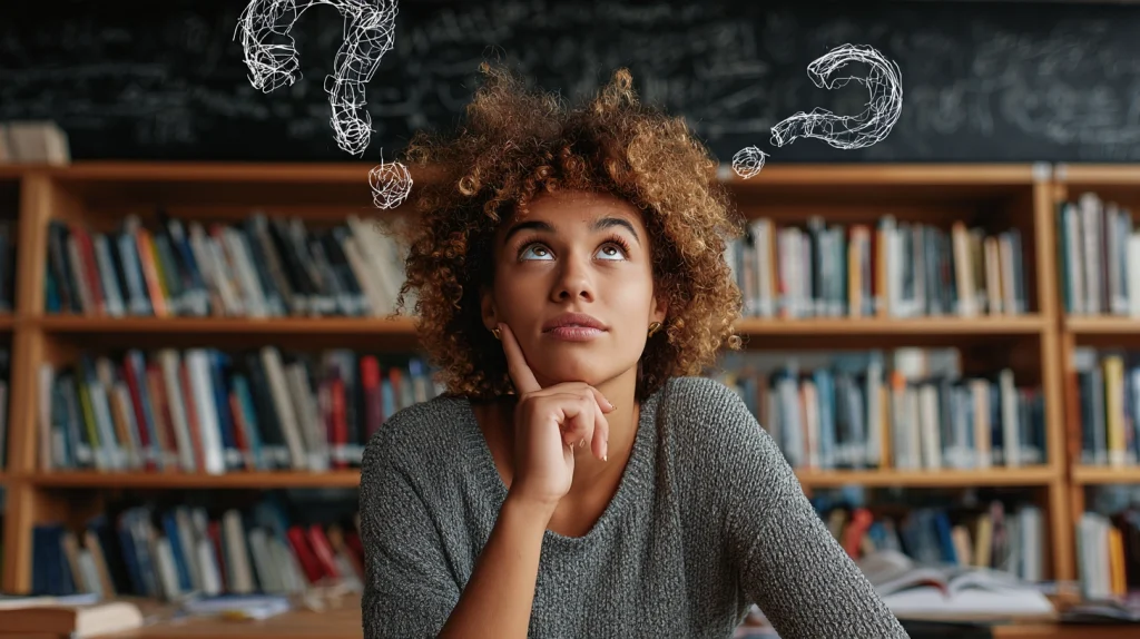 Tjej som sitter i ett bibliotek och funderar. Detta illustreras genom att två tecknade frågetecken finns över hennes huvud.