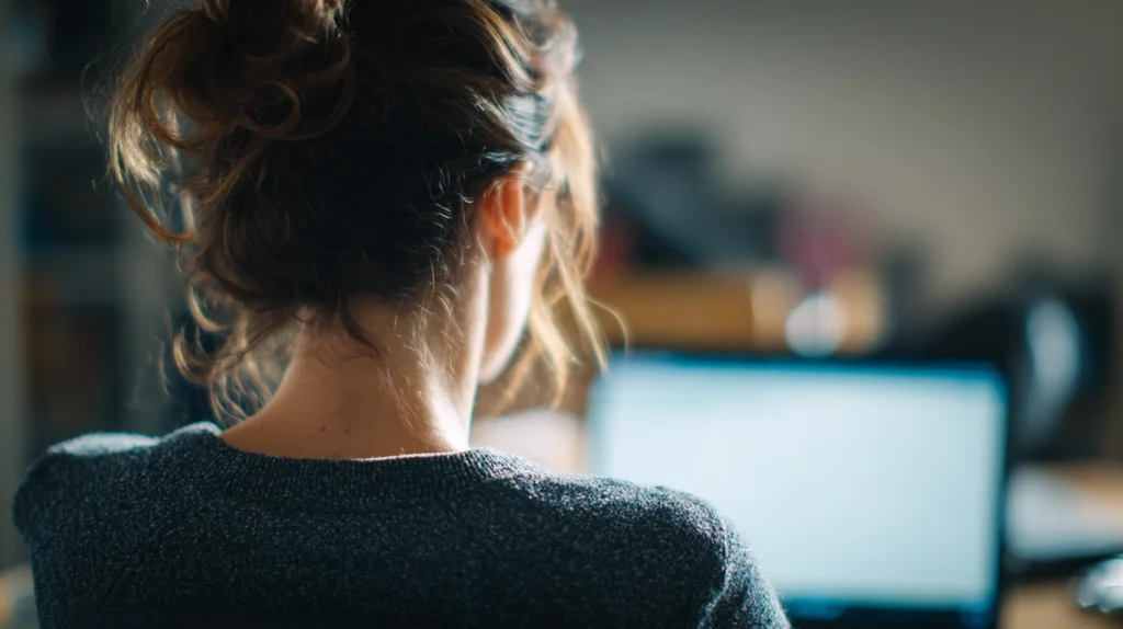 Kvinna som sitter vid en dator och försöker att läsa mer om hur man arbetar för att inte vara nervös