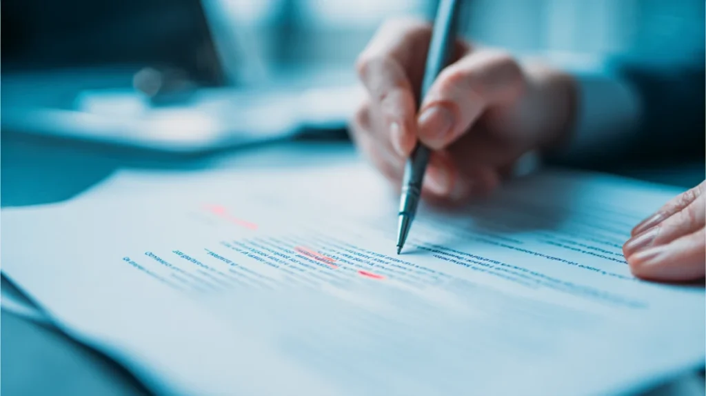 Person som granskar en utskriven CV-mall och markerar formateringsfel med penna