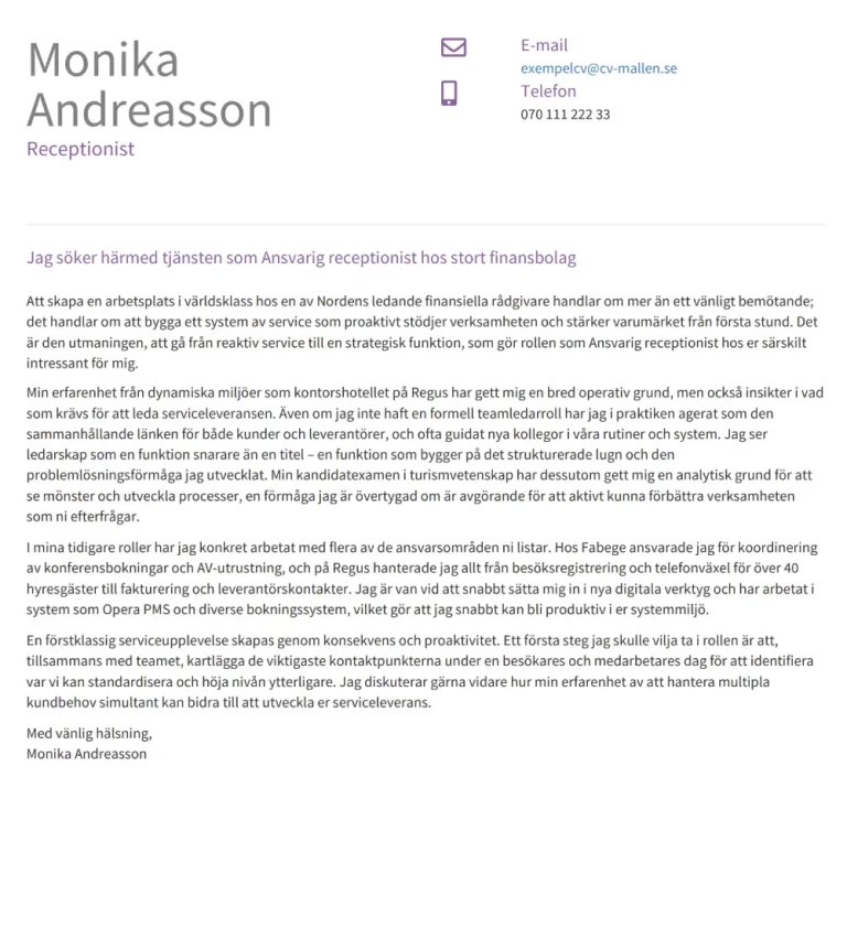 Personligt brev receptionist: exempel och formuleringar som fungerar