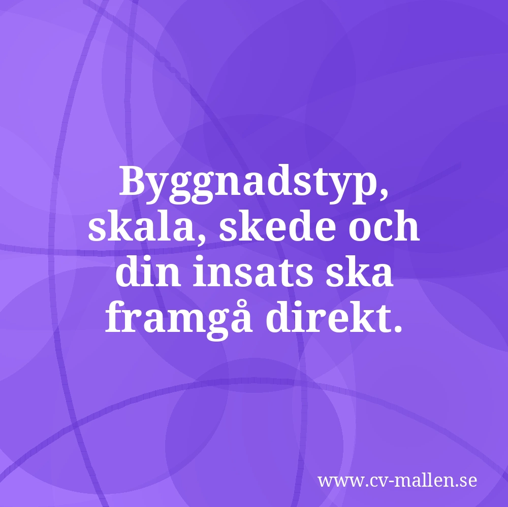 Byggnadstyp, skala, skede och din insats ska framgå direkt.